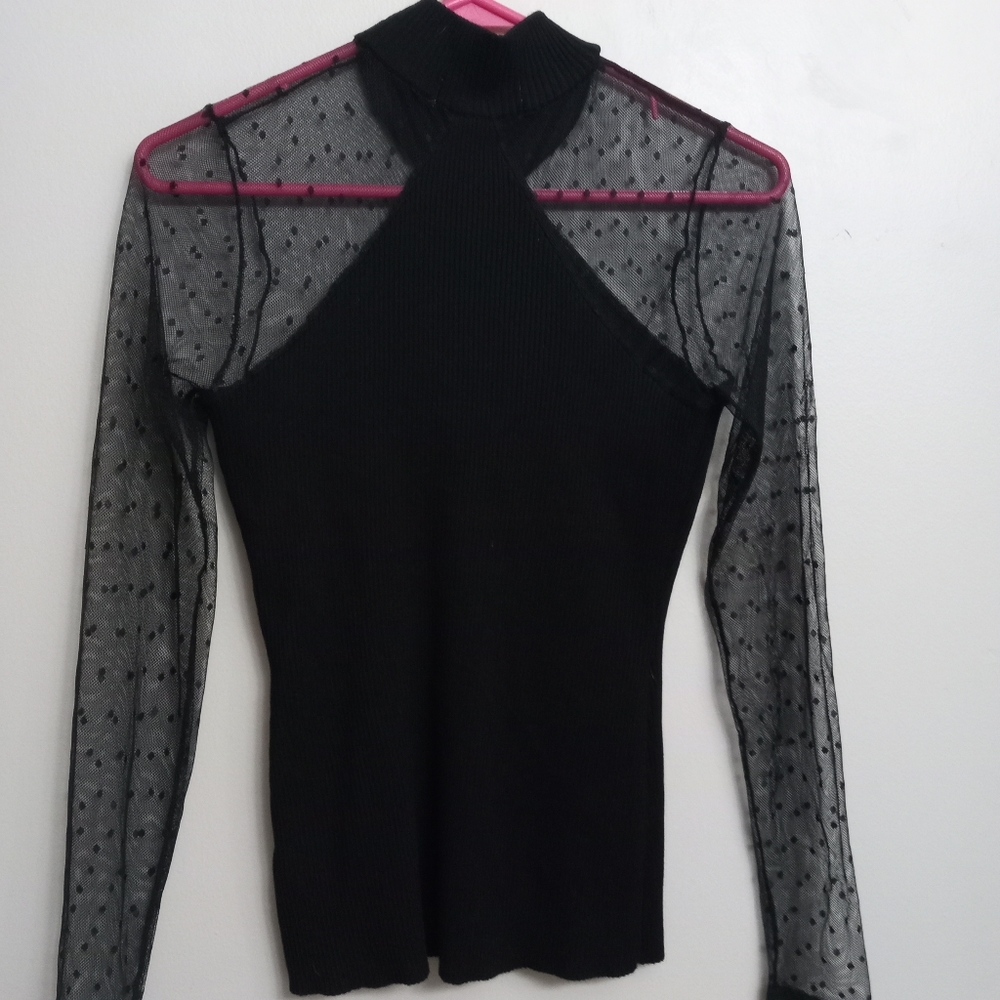 Black mock turtleneck with mesh sleeves
